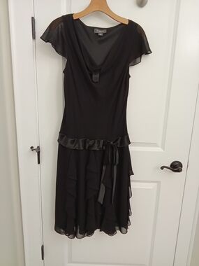 Liz Claiborne Black Chiffon Midi Dress with Ruffle Skirt